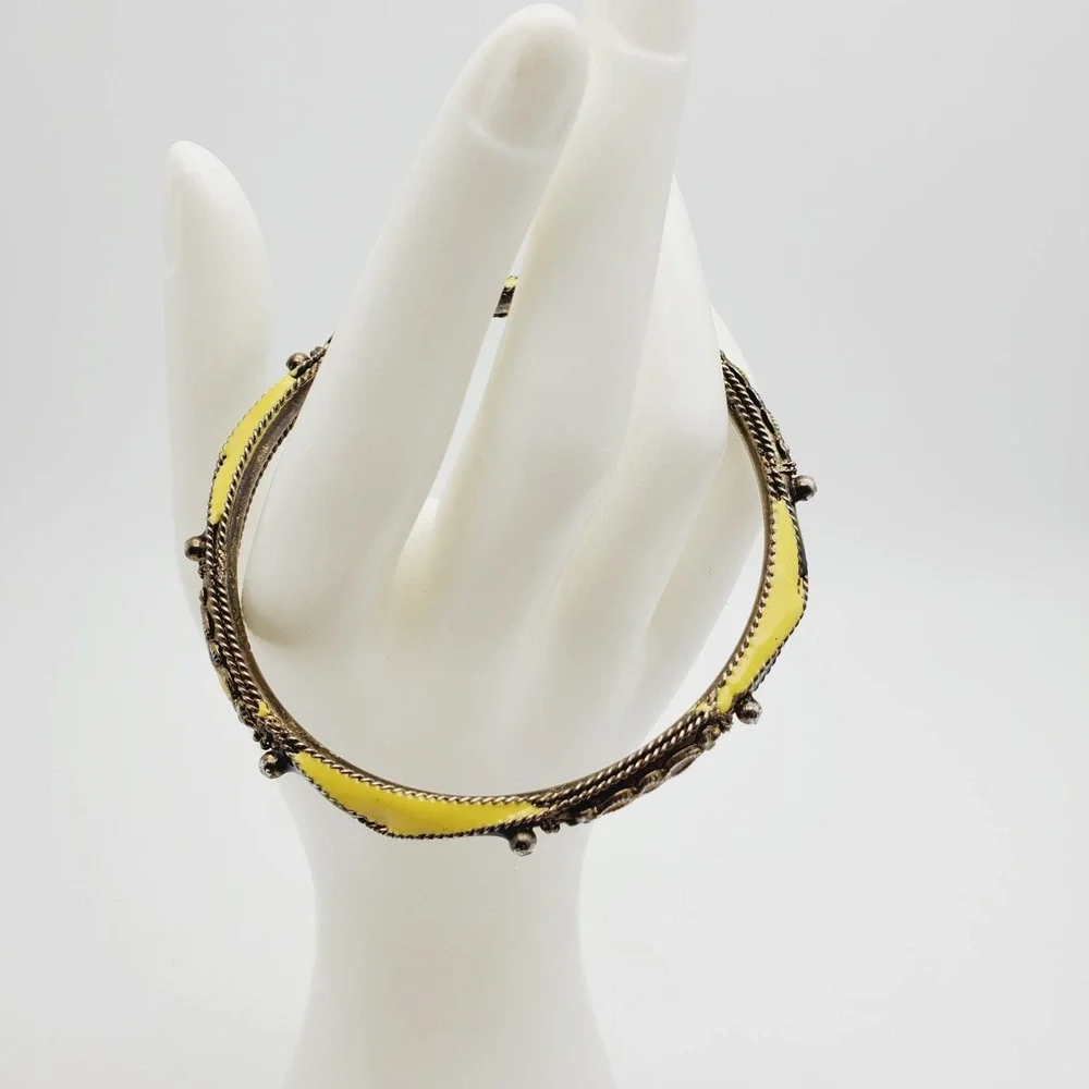 Vintage‎ Bangle Bracelet Black Yellow Enamel Harlequin Diamond Pattern Geometric